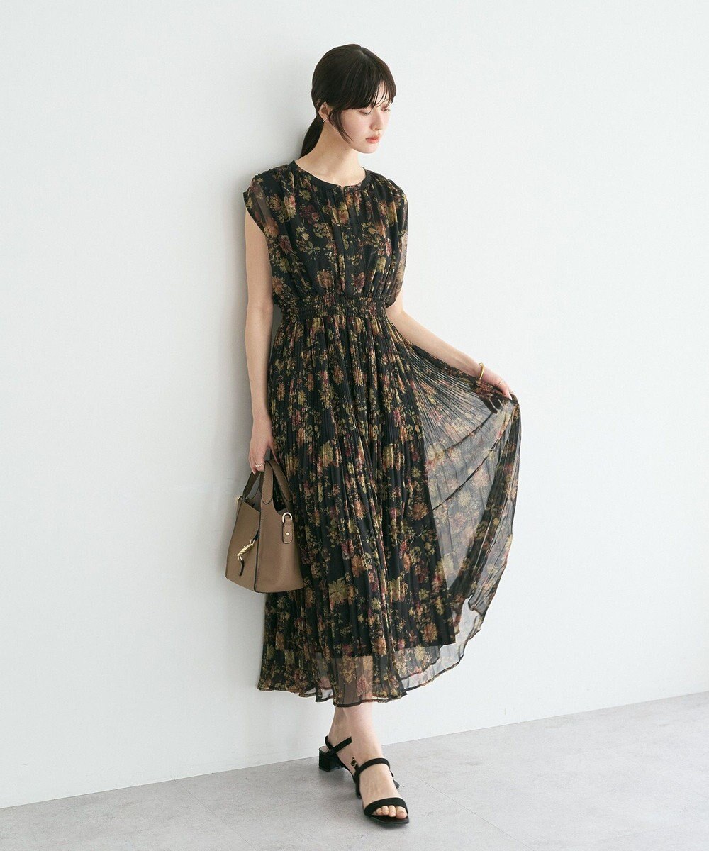 YECCA VECCA シアー花柄プリーツワンピース 