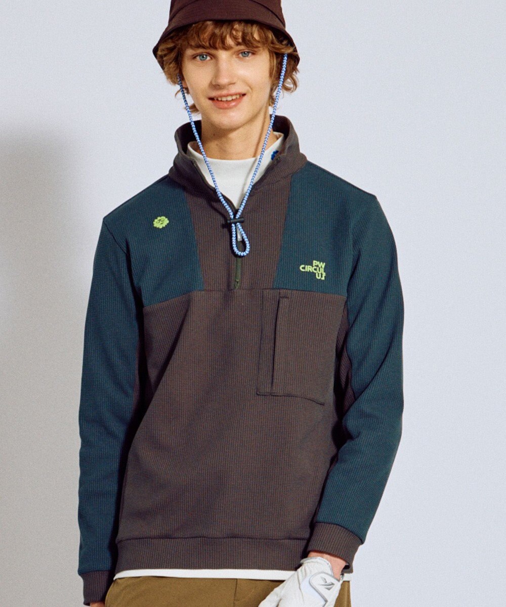 PW CIRCULUS 今が旬トップス！【ドライな肌触り / UV遮蔽率98.9% UVカット / ストレッチ】【MEN】ワッフルハーフジップトップス  ゴルフ 