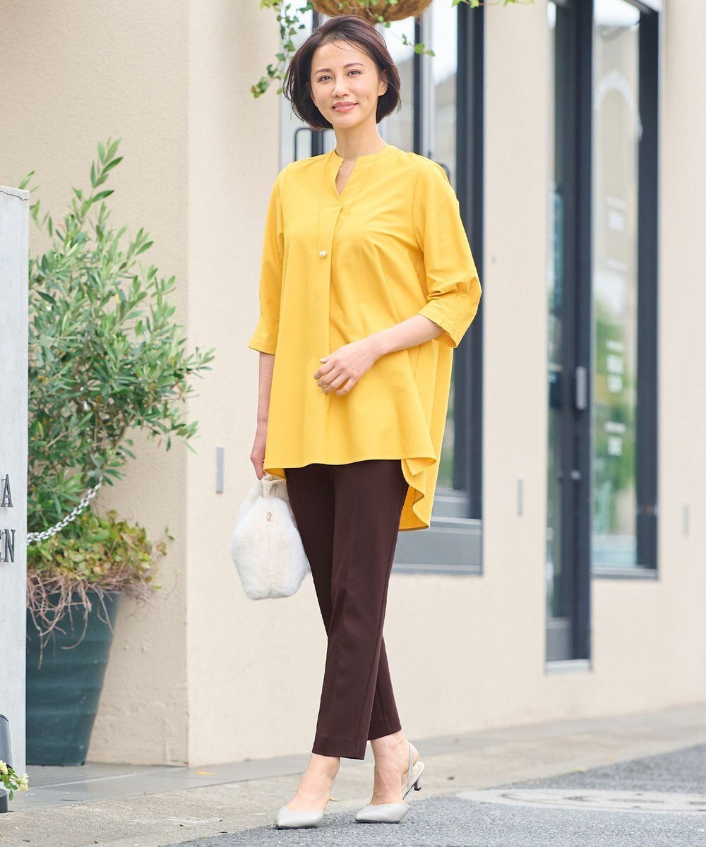 自由区 S 【UVカット・吸水速乾・洗える】ツイストプレーンバンドカラーチュニック丈 カットソー 