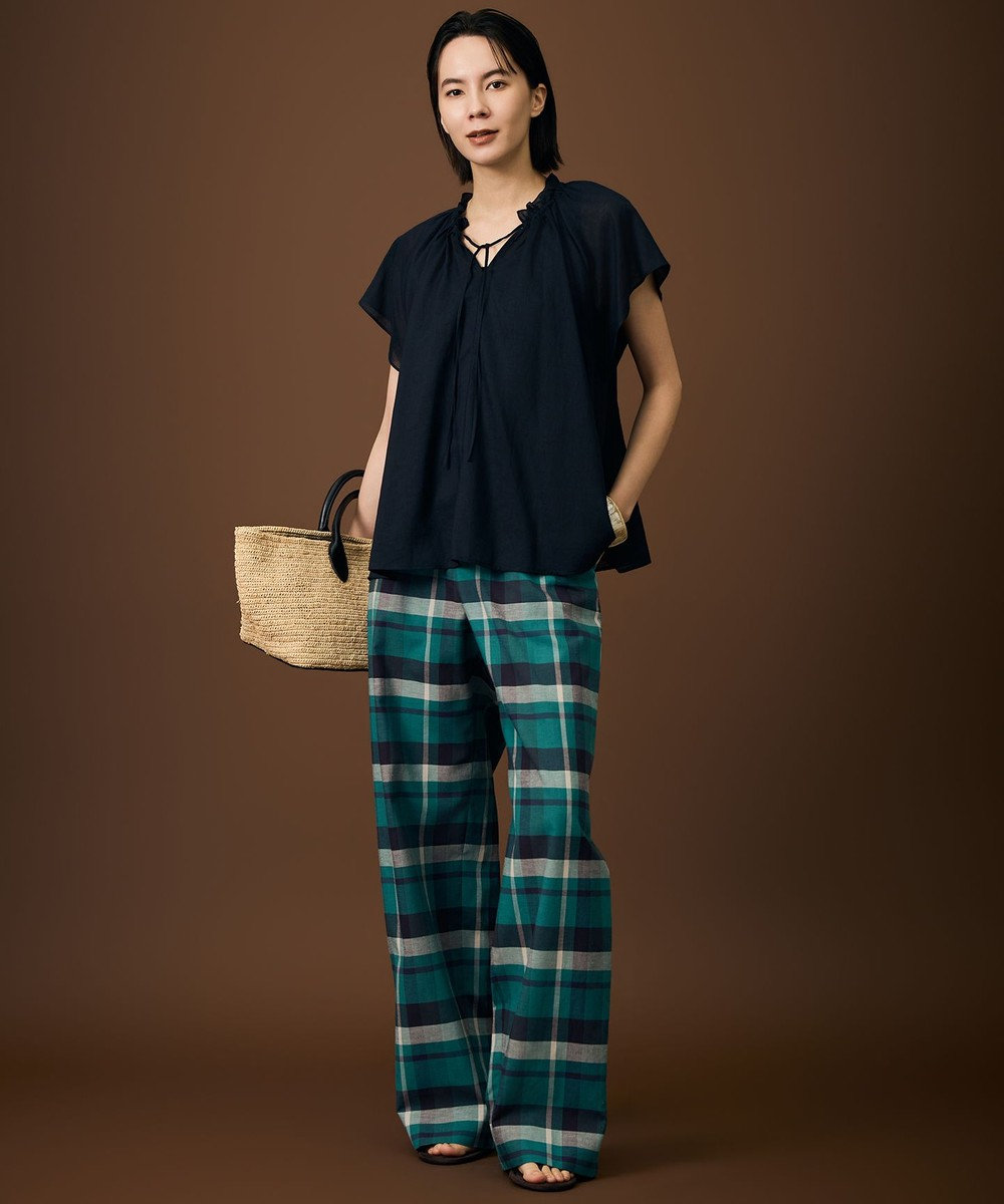 自由区 【SHIHOさん着用・セットアップ対応】コットンリネンチェックワイドストレート パンツ 