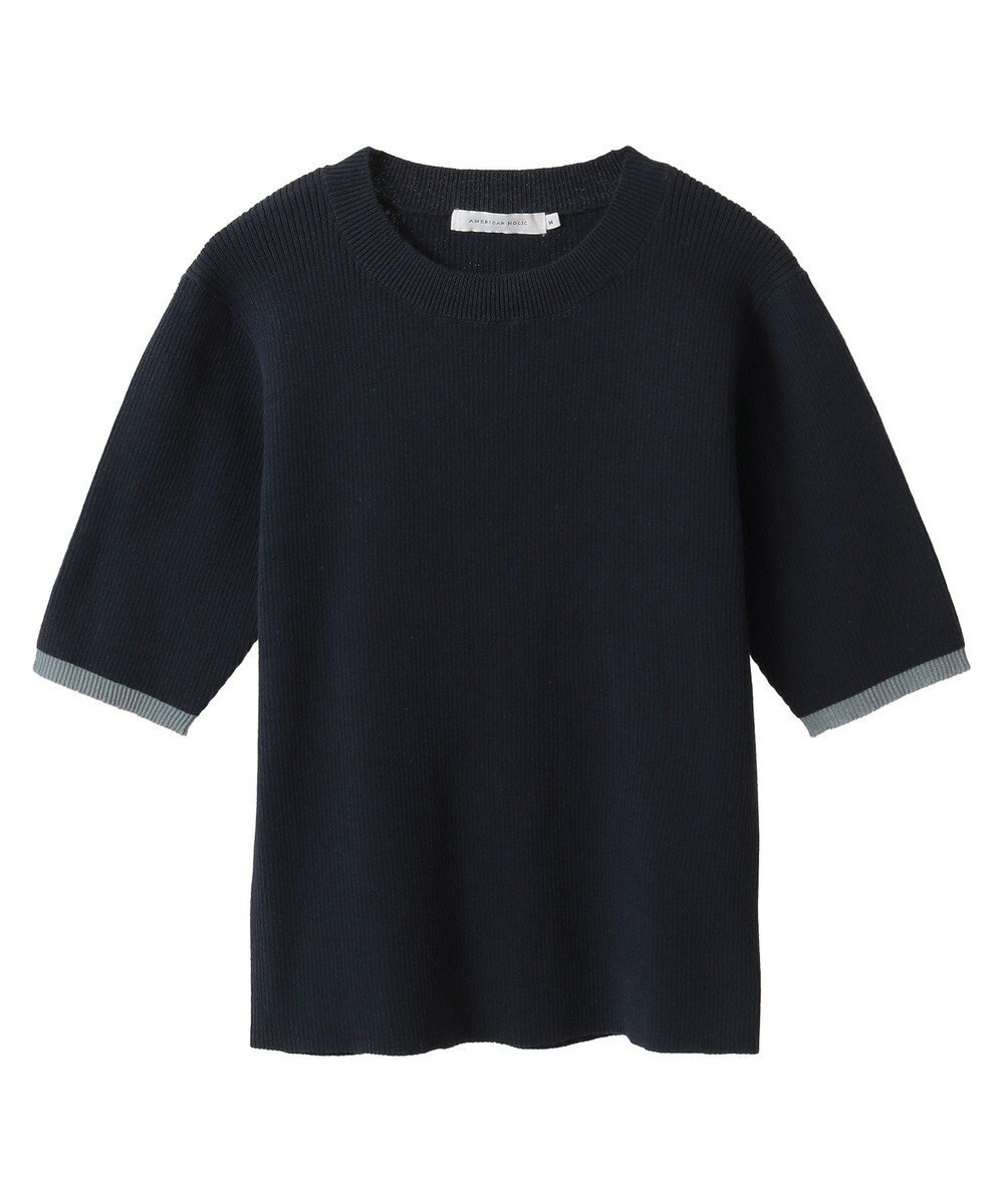 AMERICAN HOLIC 袖口バイカラー半袖ニットプルオーバー 
