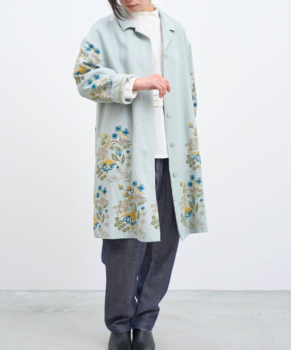 muuc 〈通年着られる心地よいリネンウール〉フクシアの花刺繍 シェルボタン使用 裏地有り テーラードカラー比翼仕立てコート 