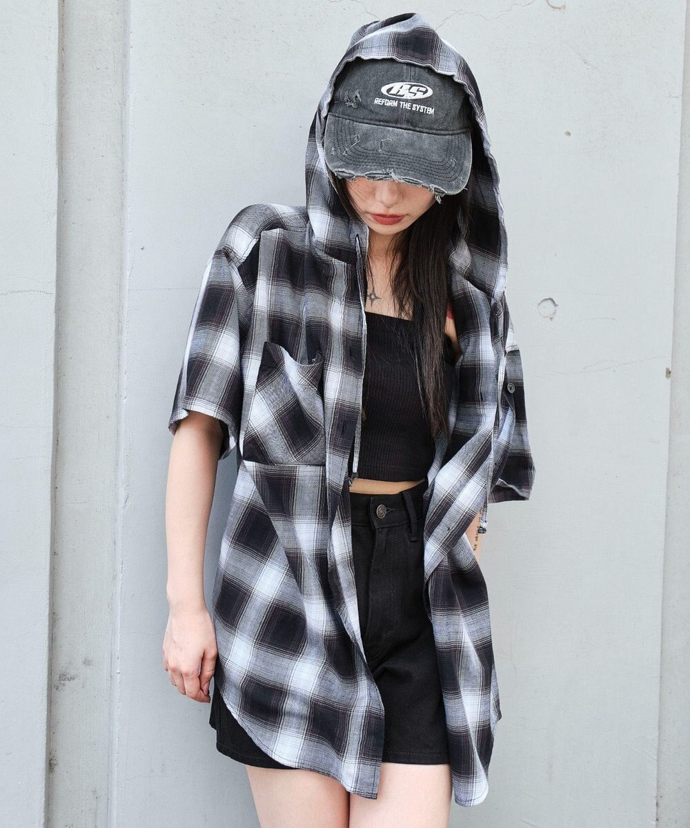 WEGO フードチェックBIGシャツ（S） 