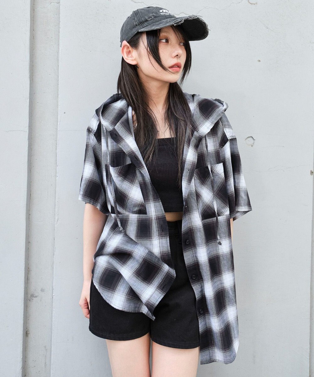 WEGO フードチェックBIGシャツ（S） 