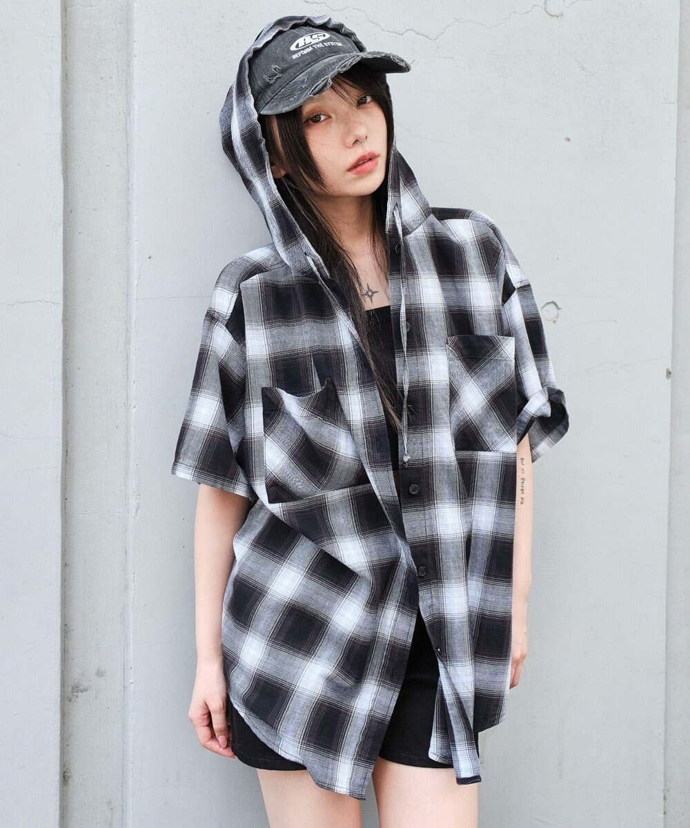 WEGO フードチェックBIGシャツ（S） 