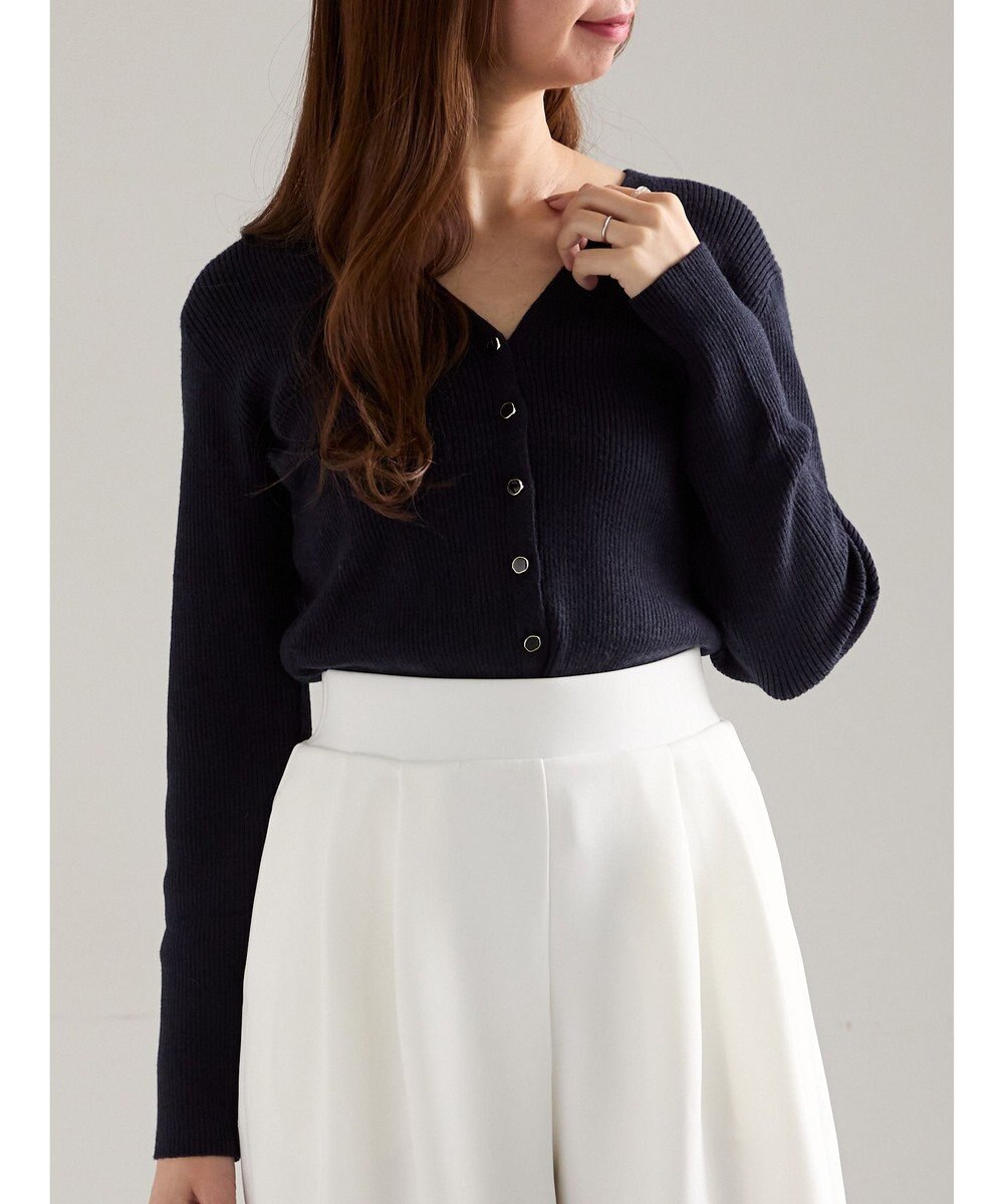 Te chichi ウェーブメタル釦Vネックリブカーディガン 