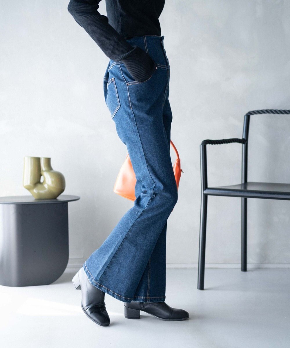 WEGO ハイウエストストレッチデニムフレアパンツ 
