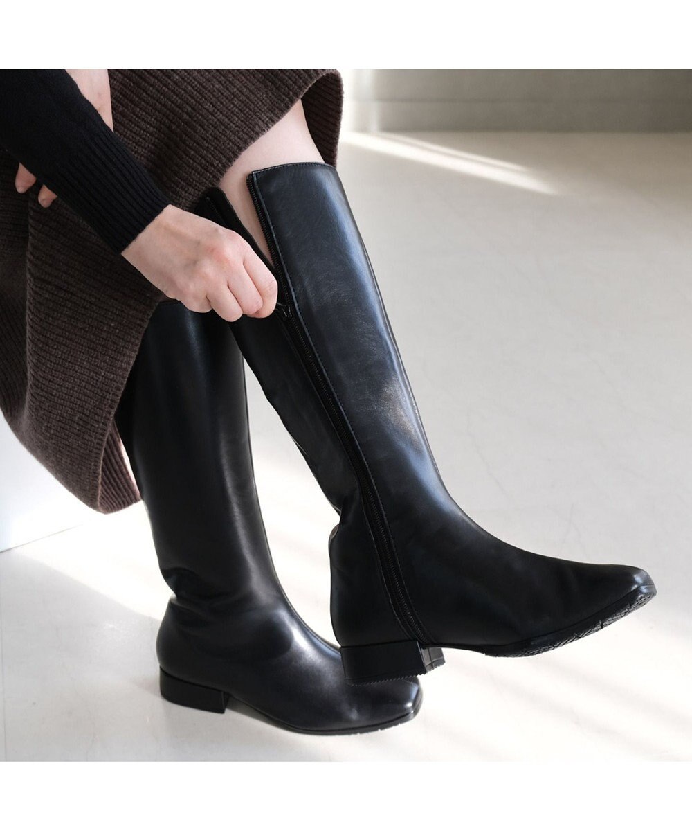 Pointer 本革ローヒール スクエアトゥロングブーツ 