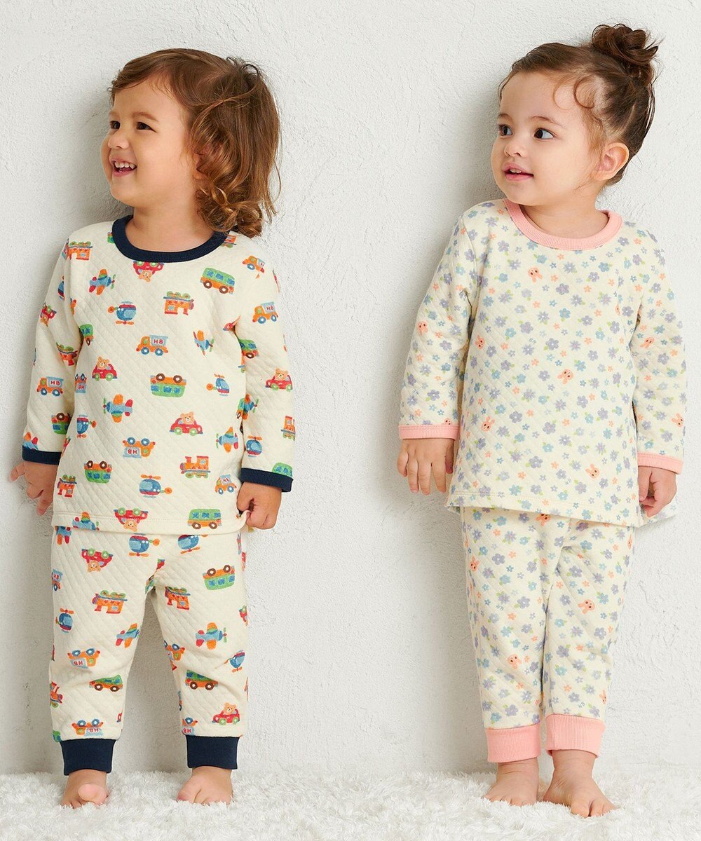 MIKI HOUSE HOT BISCUITS 【80-120cm】 あったかキルト素材 乗り物柄 腹巻き付き長袖パジャマ 