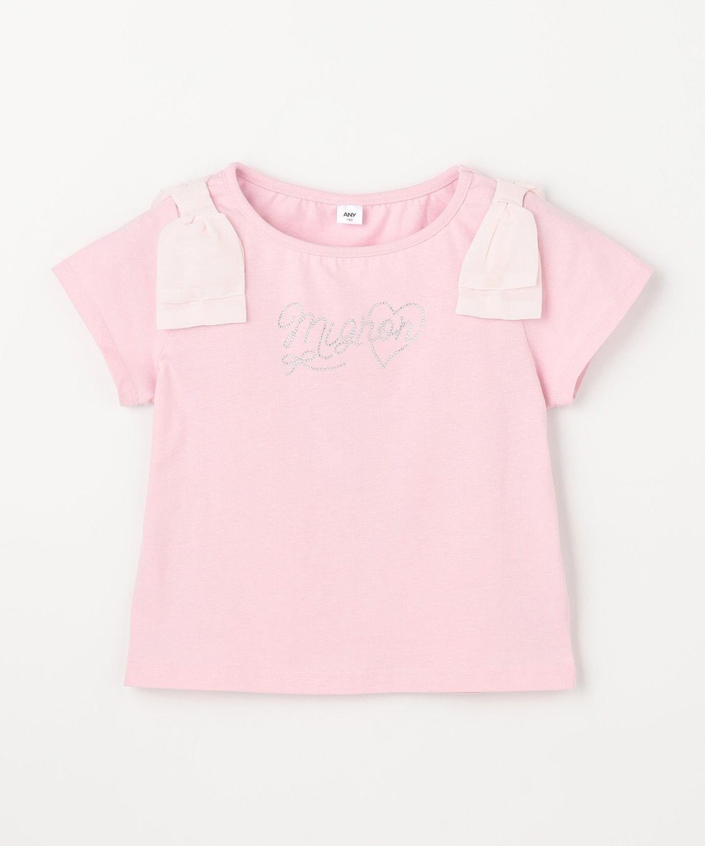 ANY KIDS 【綿100%】肩リボン×ラインストーンロゴ 半袖Tシャツ 