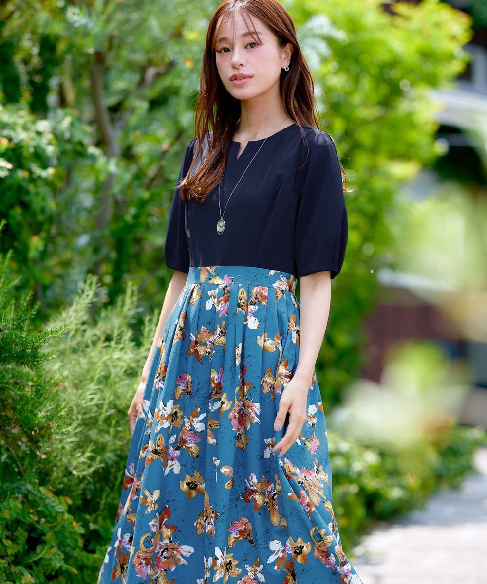 Tiaclasse L 【洗える】フラワープリントドッキングワンピース 