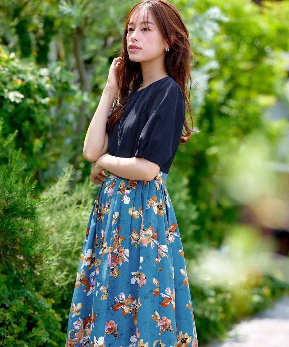 Tiaclasse L 【洗える】フラワープリントドッキングワンピース 