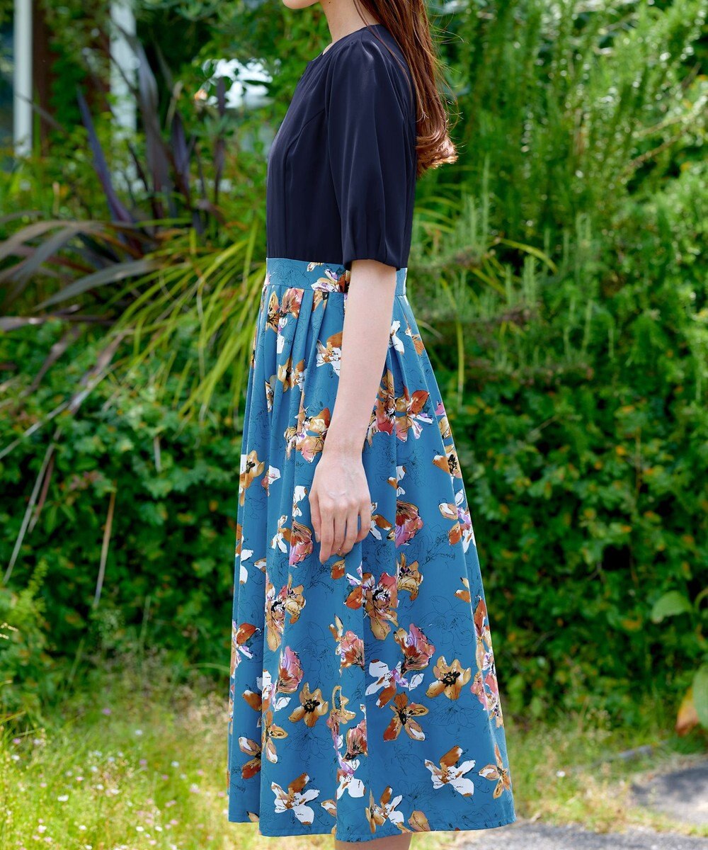 Tiaclasse L 【洗える】フラワープリントドッキングワンピース 