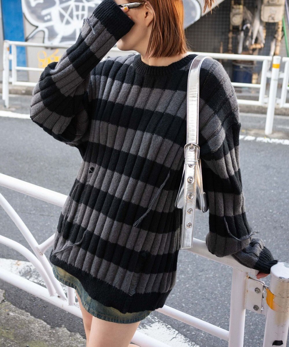 WEGO ボーダーワイドリブダメージニット 