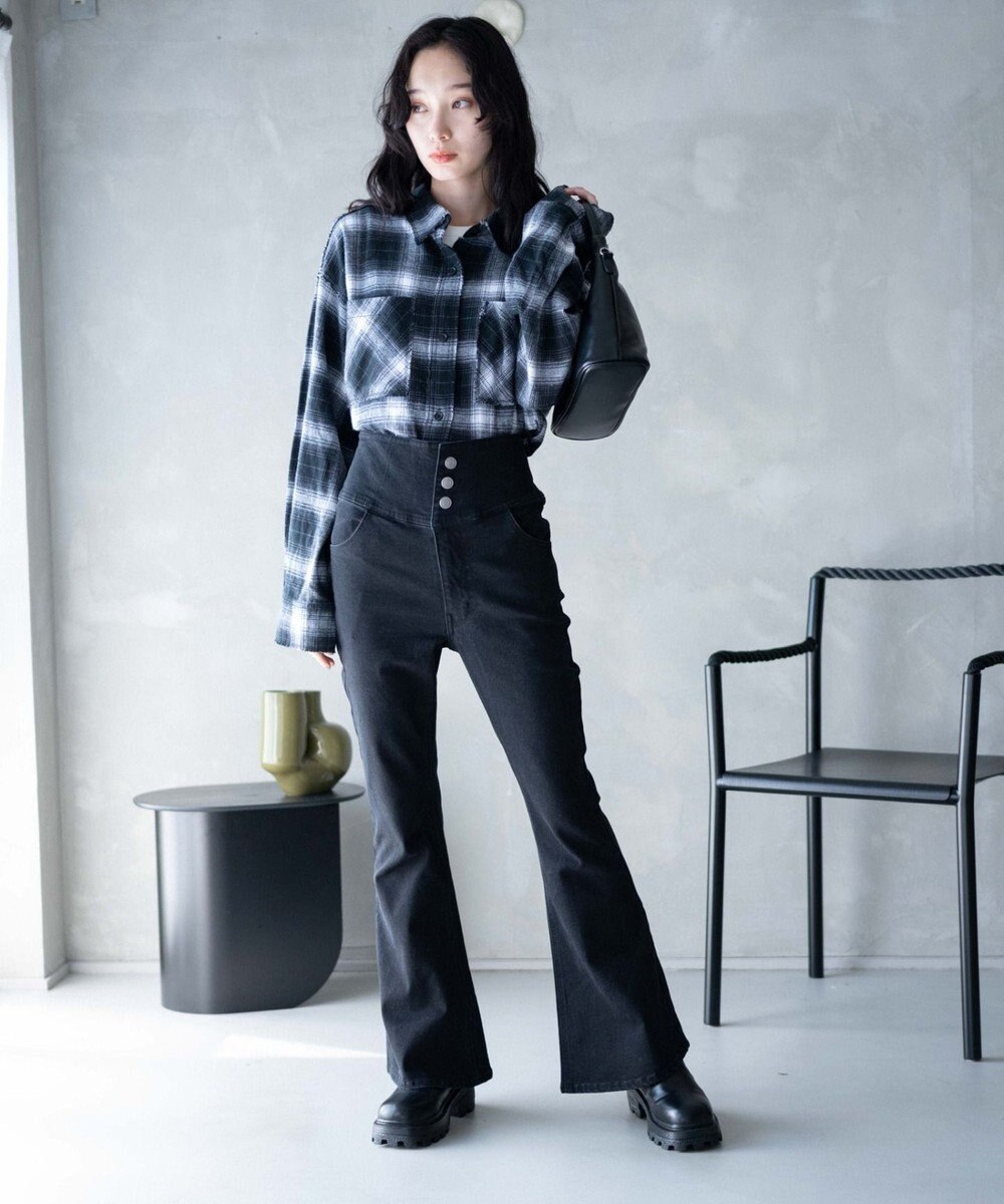 WEGO ハイウエストストレッチデニムフレアパンツ 