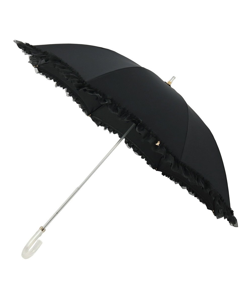 MOONBAT ランバン オン ブルー 晴雨兼用日傘 長傘 ビジュー付きオーガンジーフリル 遮光 遮熱 UV ブラック