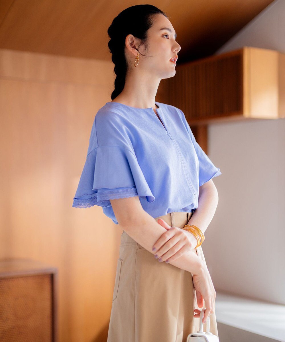 組曲 【汗ジミ防止・撥水】GIZAプレーティング天竺袖フリル カットソー 