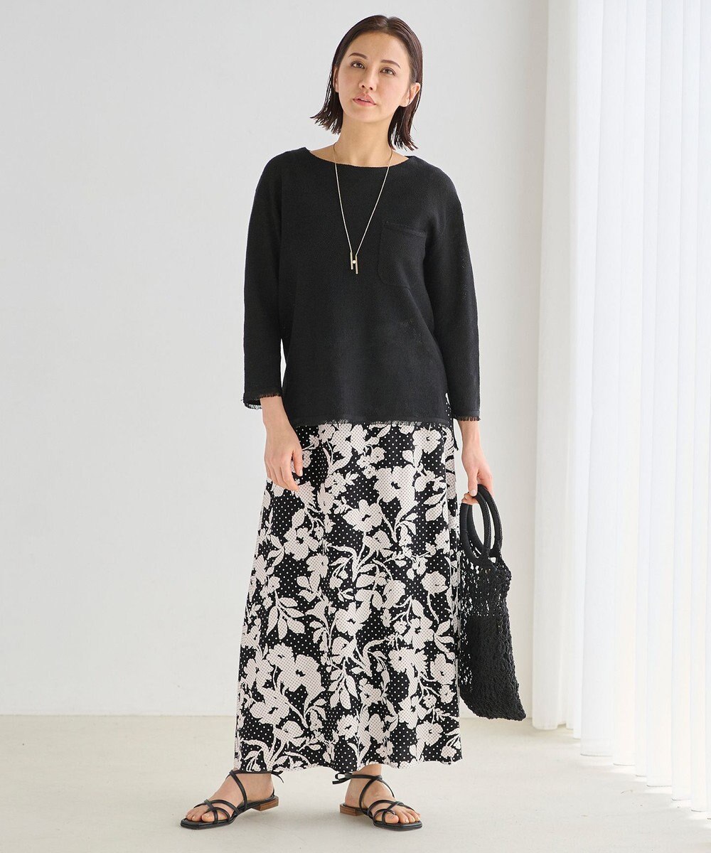 自由区 L 【洗える】リネンフリンジディテール8分袖 ニット 