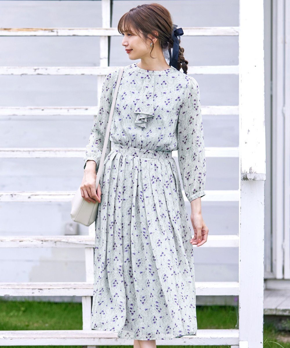 Tiaclasse L 【新色追加・洗える】花柄フリルドレープワンピース 