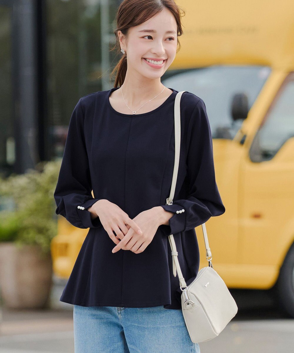 Tiaclasse 【洗える】袖パールポンチフレアトップス 