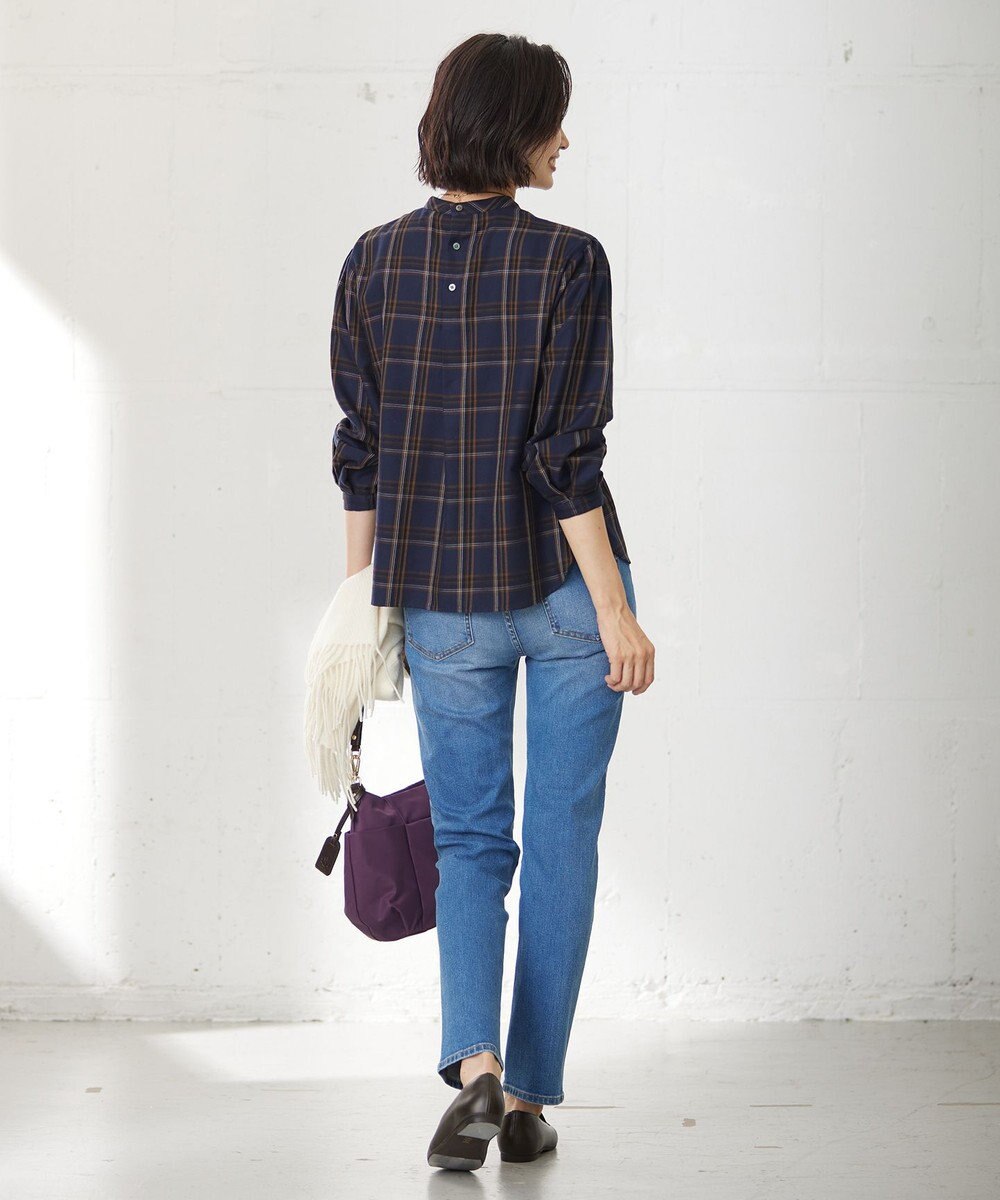 J.PRESS LADIES 【洗える】綿セルロースクリアチェック ボリューム袖 ブラウス 