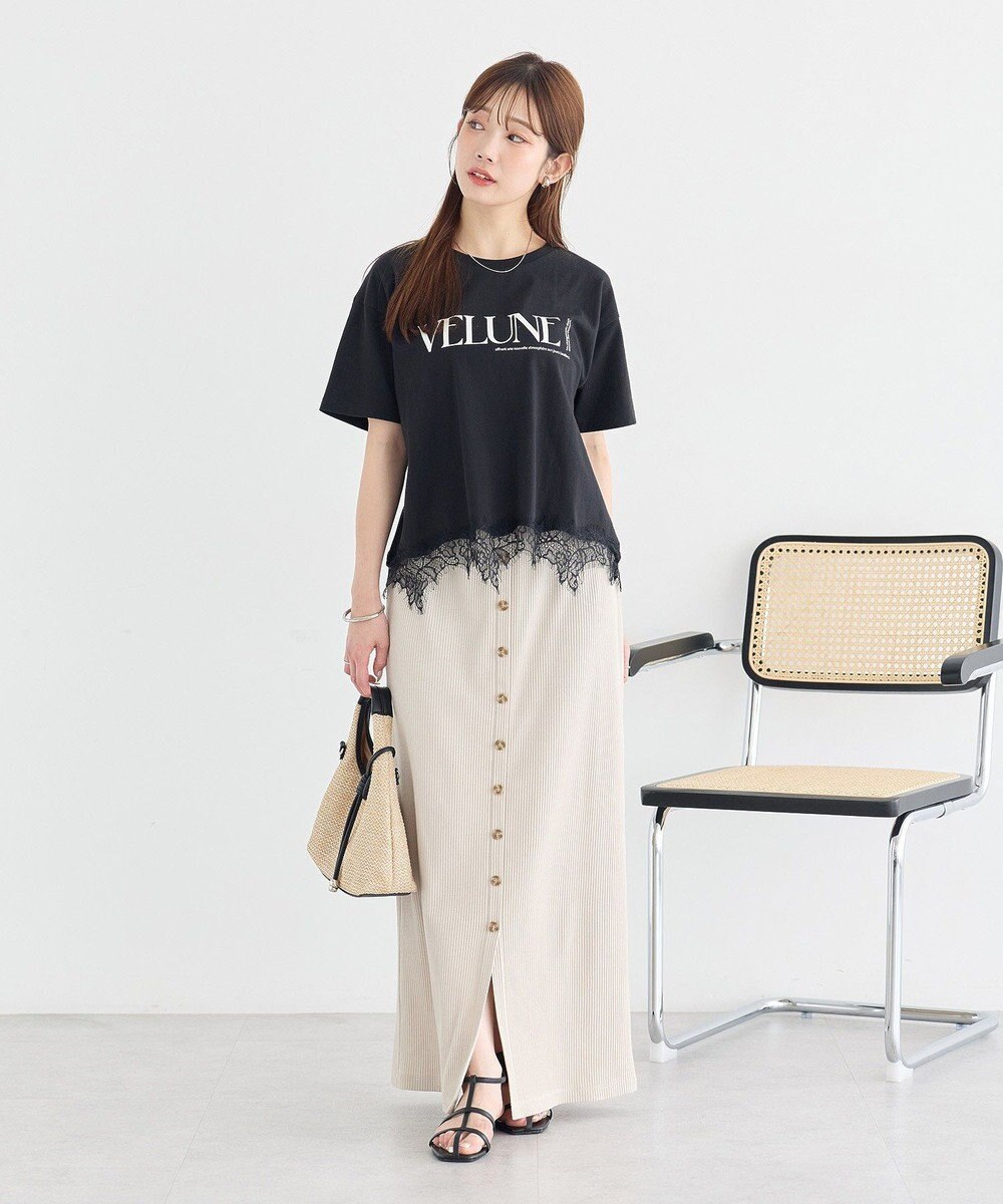earth music&ecology 裾レースロゴプリントTシャツ 