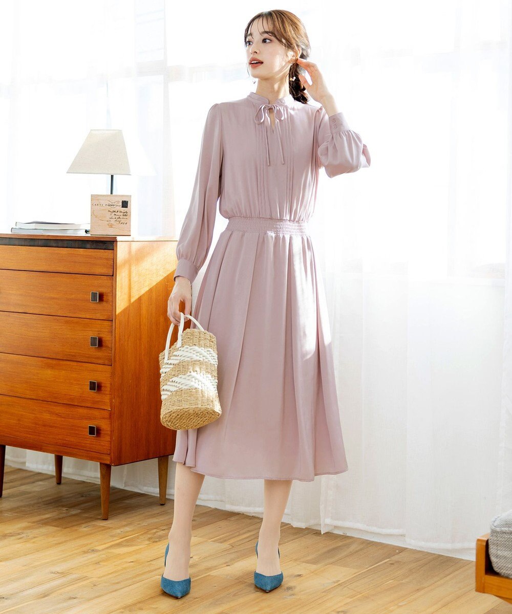 Tiaclasse L 【洗える】細リボンギャザーワンピース 