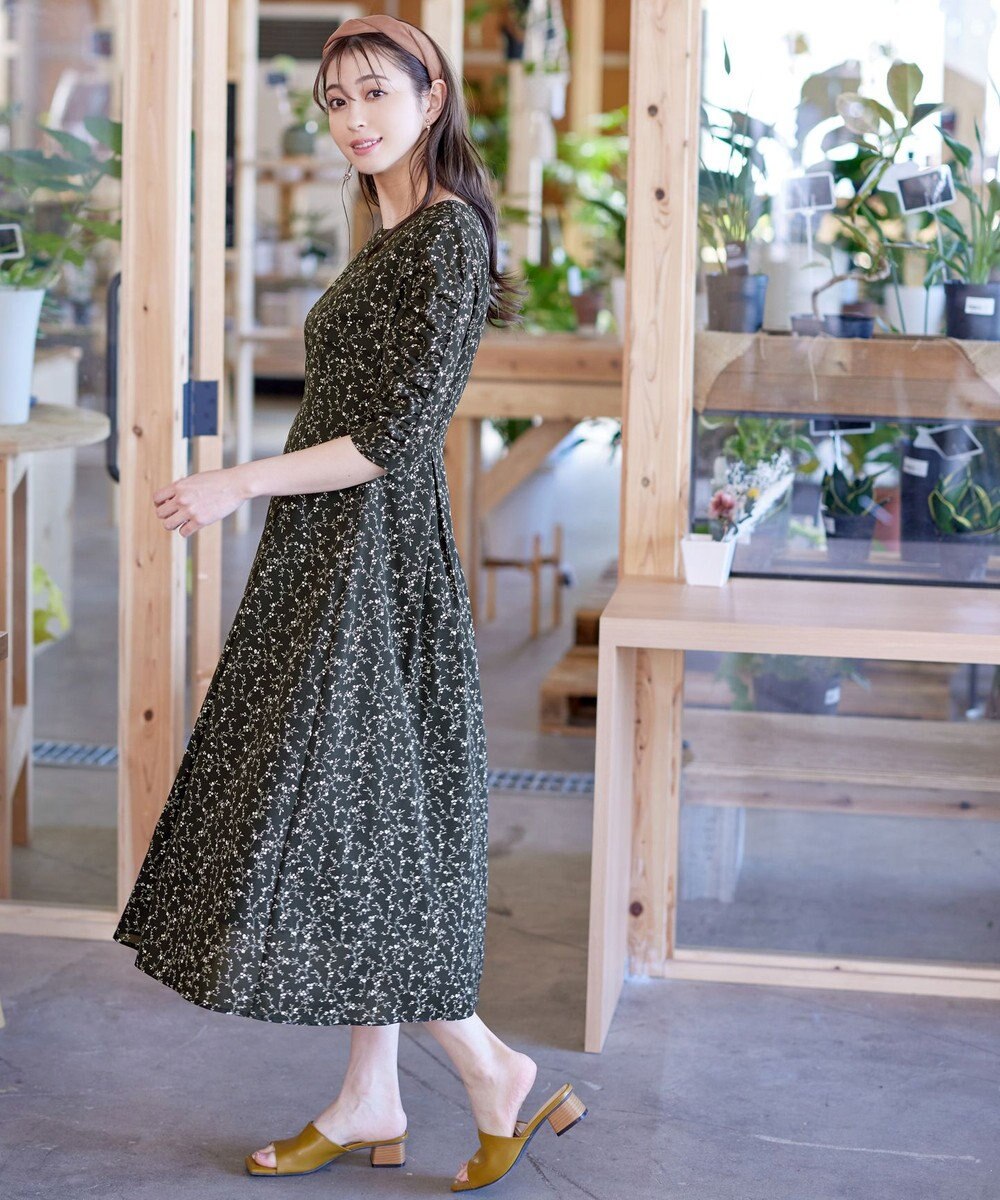 Tiaclasse L 【洗える】ギャザースリーブ花柄ワンピース 