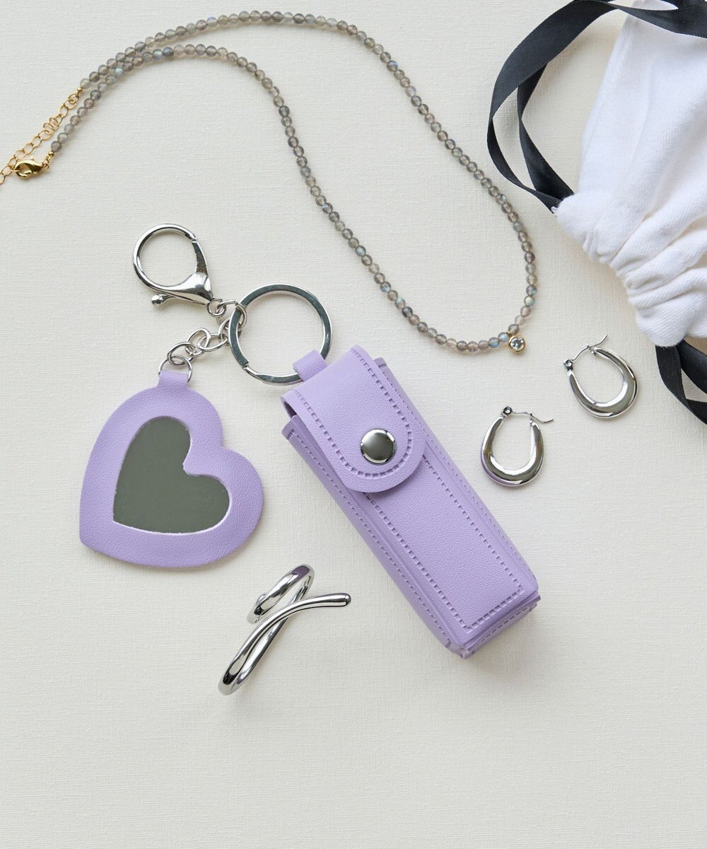 Phoebe 〈ミラー付き〉リップケース　ハート型ミラー　チャーム　レザー調　パープル 