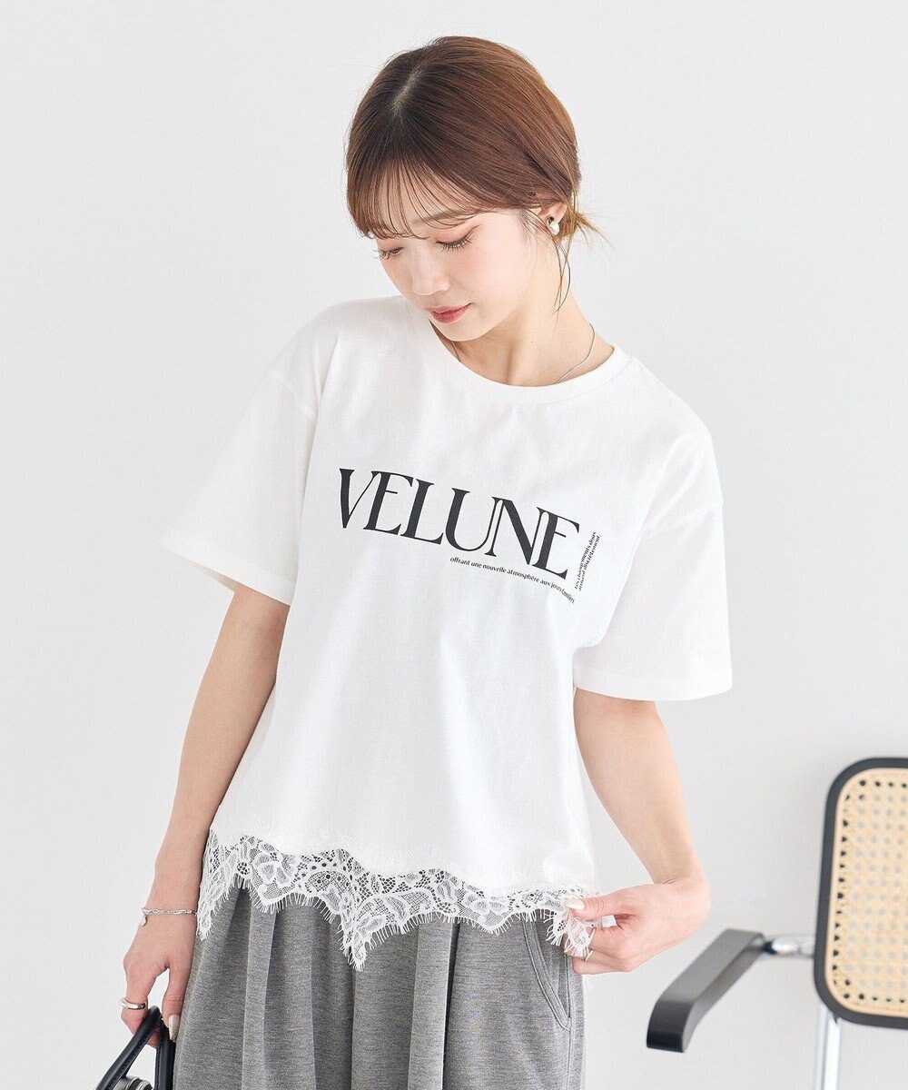 earth music&ecology 裾レースロゴプリントTシャツ 