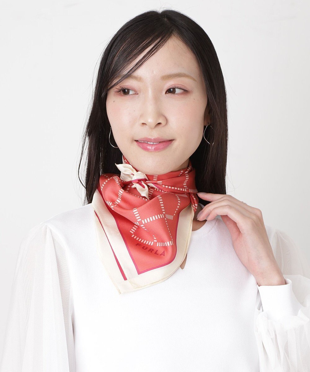 MOONBAT 【シルク100%】FURLA (フルラ) ダイアゴナルチェック 格子柄 シルクプリントスカーフ 58cm×58cm UV対策 手洗い可能 