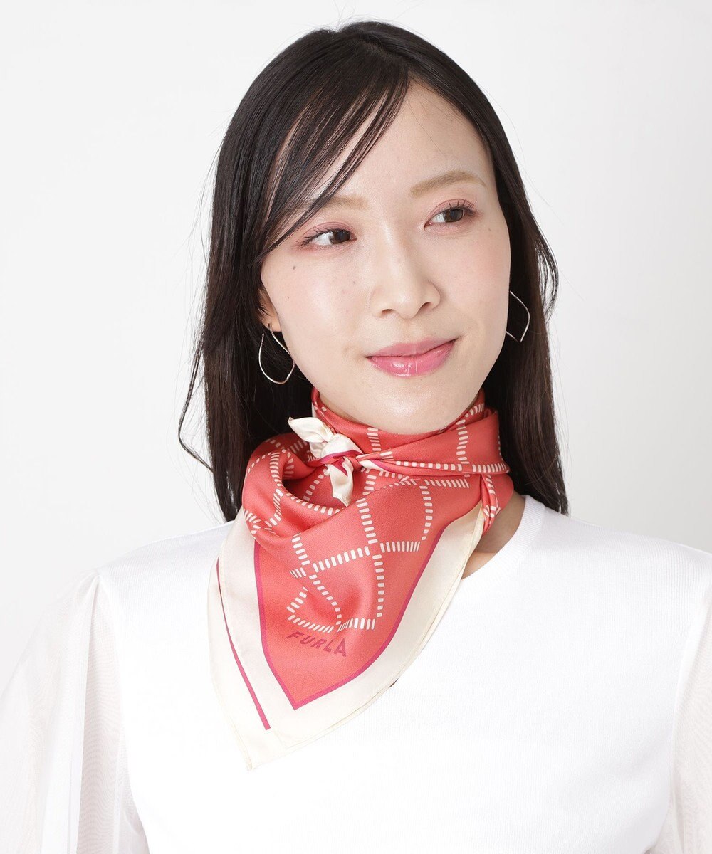 MOONBAT 【シルク100%】FURLA (フルラ) ダイアゴナルチェック 格子柄 シルクプリントスカーフ 58cm×58cm UV対策 手洗い可能 