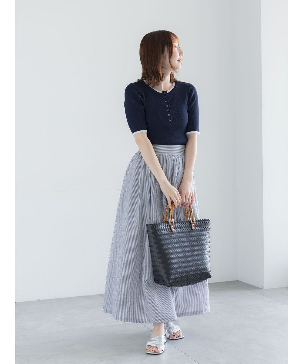 Te chichi 【UVカット】ヘンリーネック5分袖配色リブニット 
