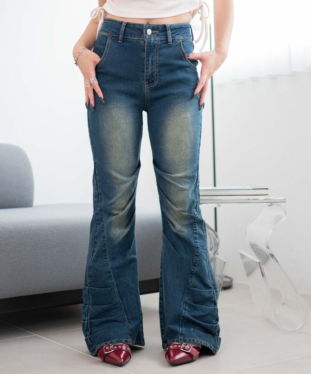 WEGO ギャザーデニムフレアパンツ 