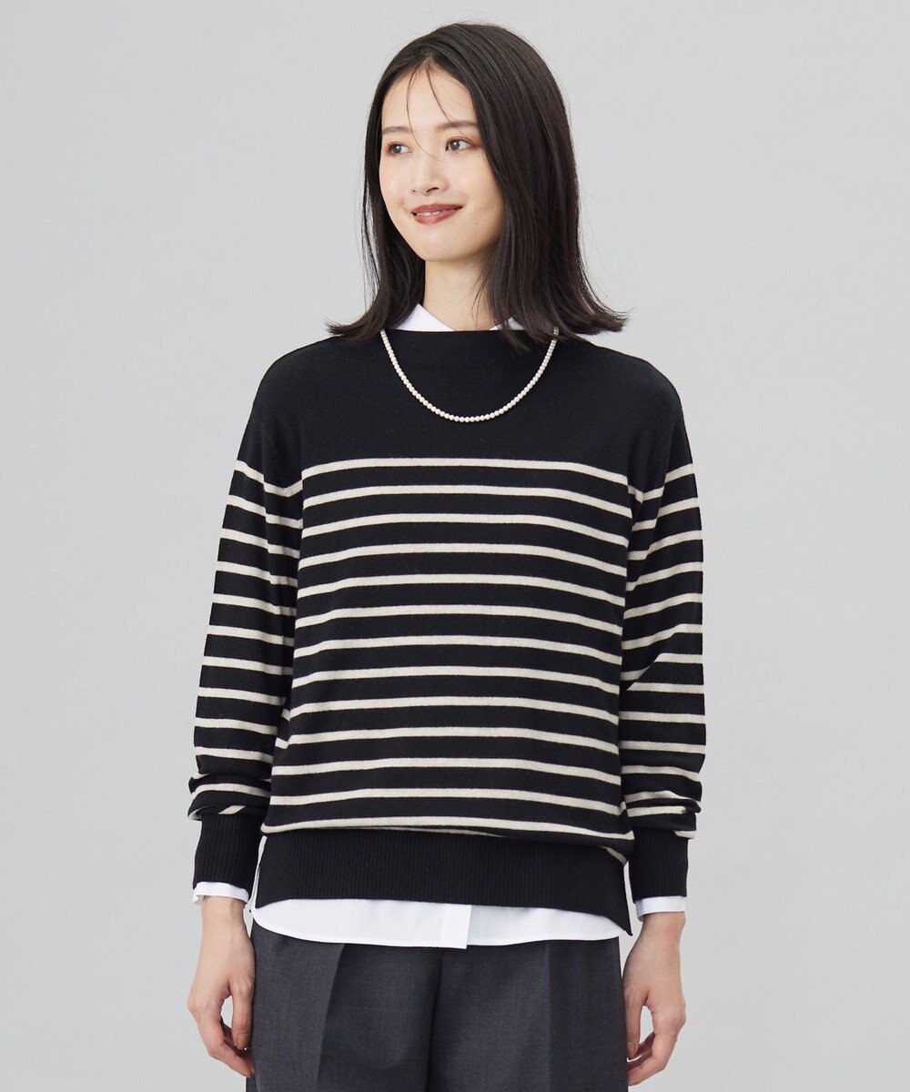 J.PRESS LADIES 【洗える】SOFT TOUCH WOOL 立ち襟 ボーダー ニット ブラック×ベージュ系