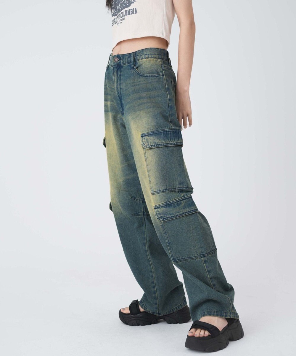 WEGO ヴィンテージウォッシュデニムカーブカーゴパンツ 