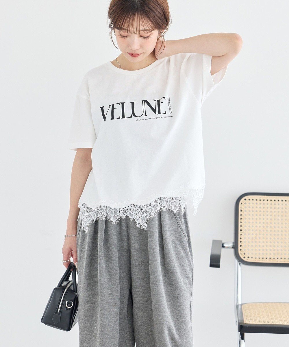 earth music&ecology 裾レースロゴプリントTシャツ 