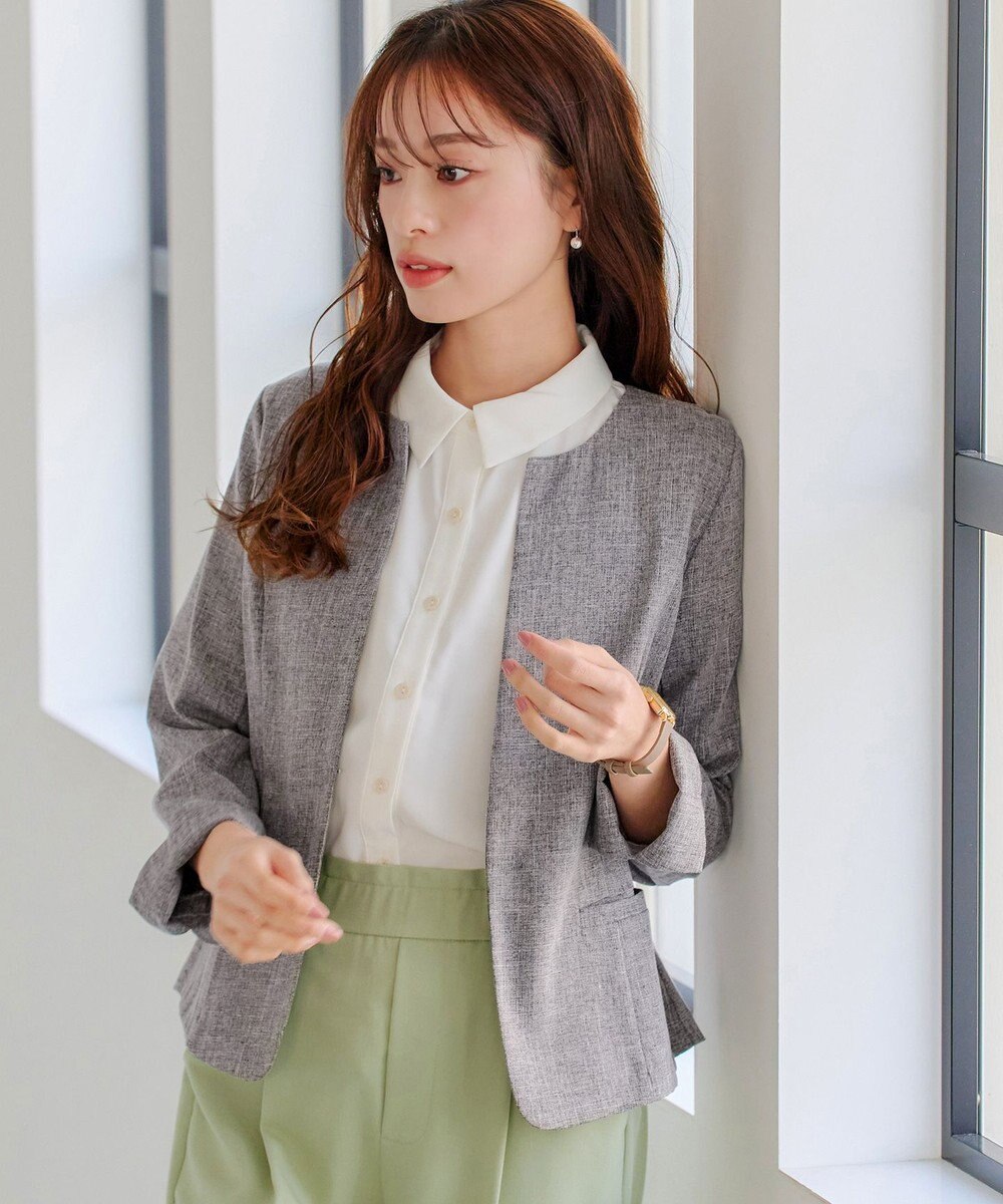 Tiaclasse L 【新色追加・洗える】麻調薄地キーネックジャケット 