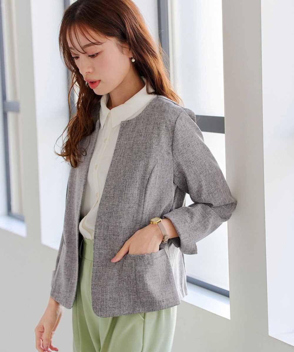 Tiaclasse L 【新色追加・洗える】麻調薄地キーネックジャケット 