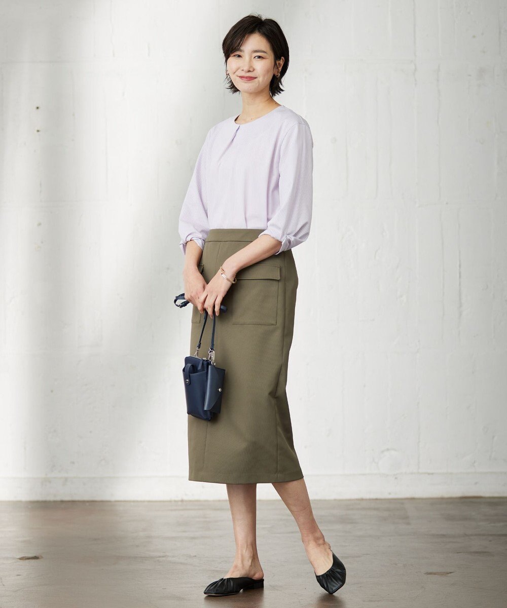 J.PRESS LADIES L ピンストライプジャージー ボリュームスリーブ カットソー 