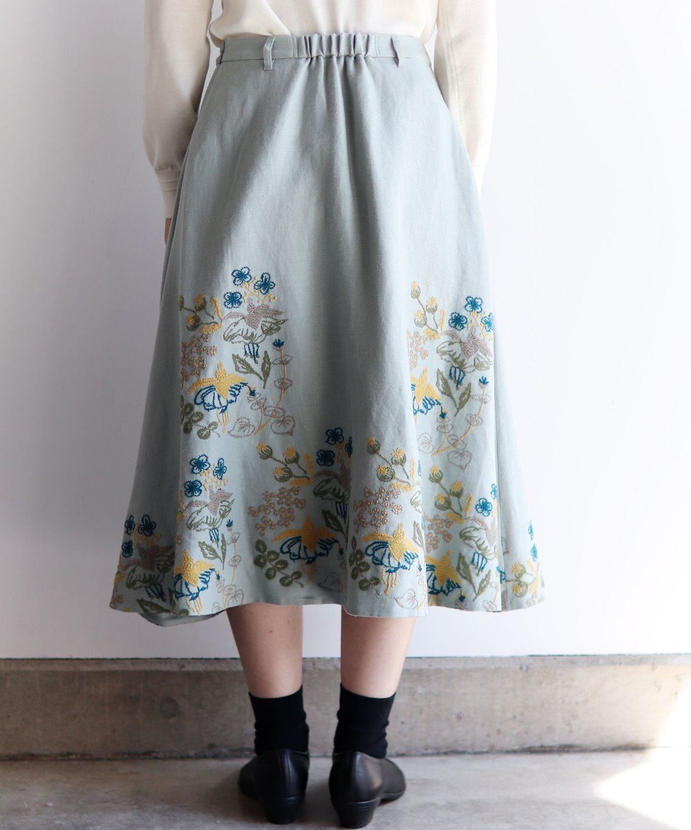 muuc 〈通年着られる心地よいリネンウール〉フクシアの花刺繍 後ろゴム有り・裏地有り フレアースカート 