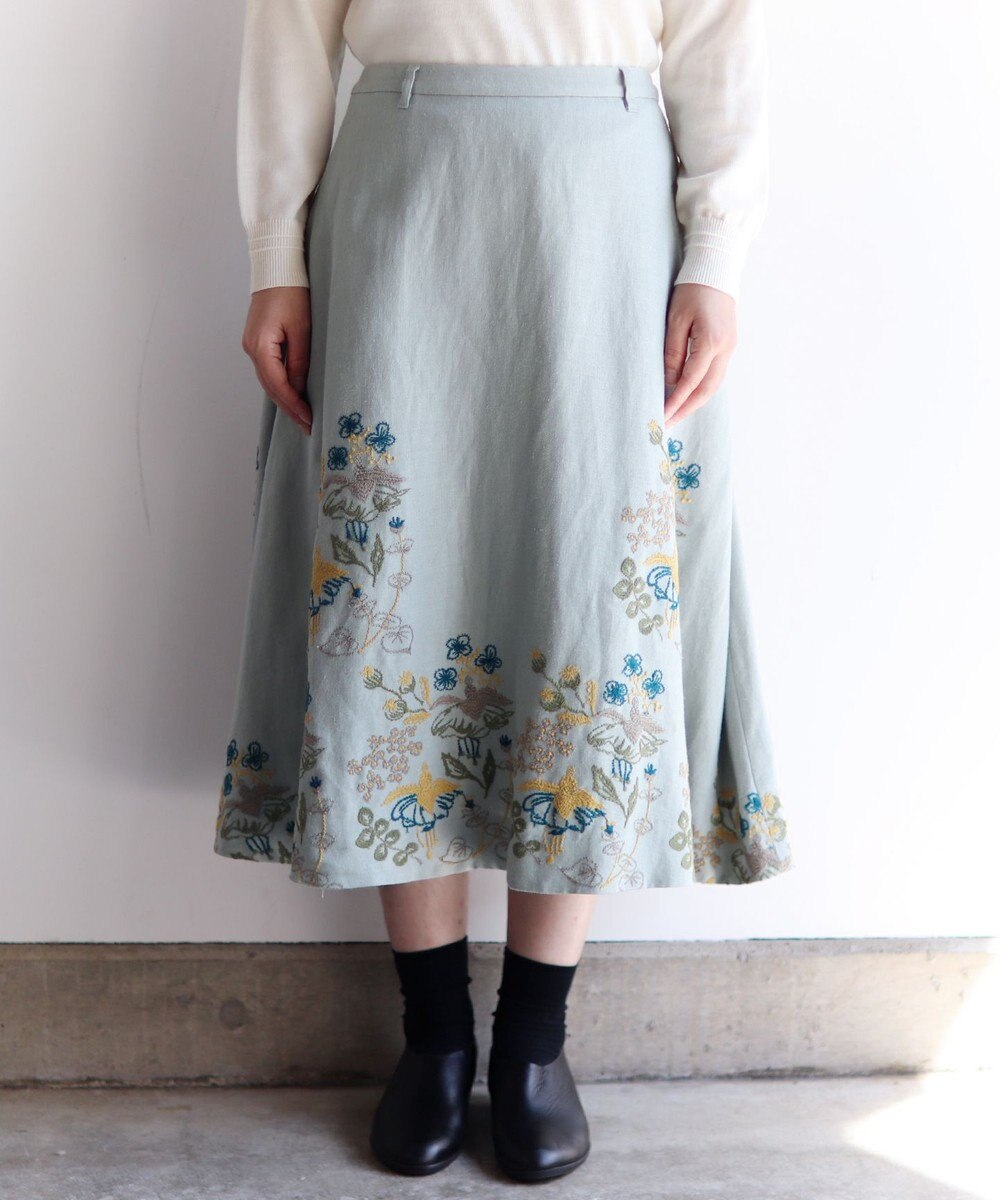 muuc 〈通年着られる心地よいリネンウール〉フクシアの花刺繍 後ろゴム有り・裏地有り フレアースカート 