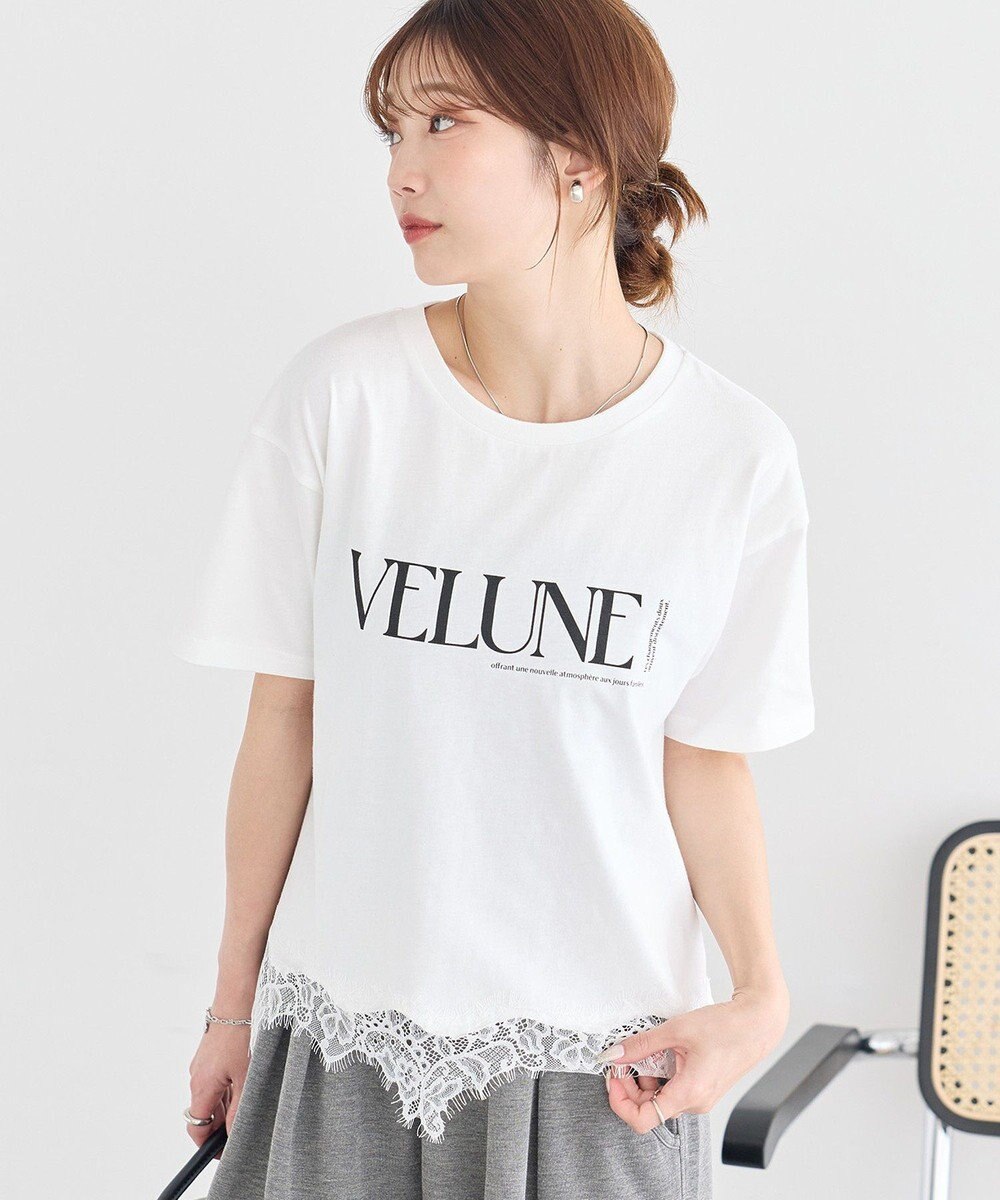 earth music&ecology 裾レースロゴプリントTシャツ 