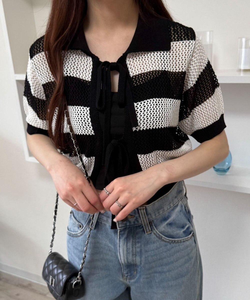 WEGO 襟付きリボンメッシュショートカーデ 