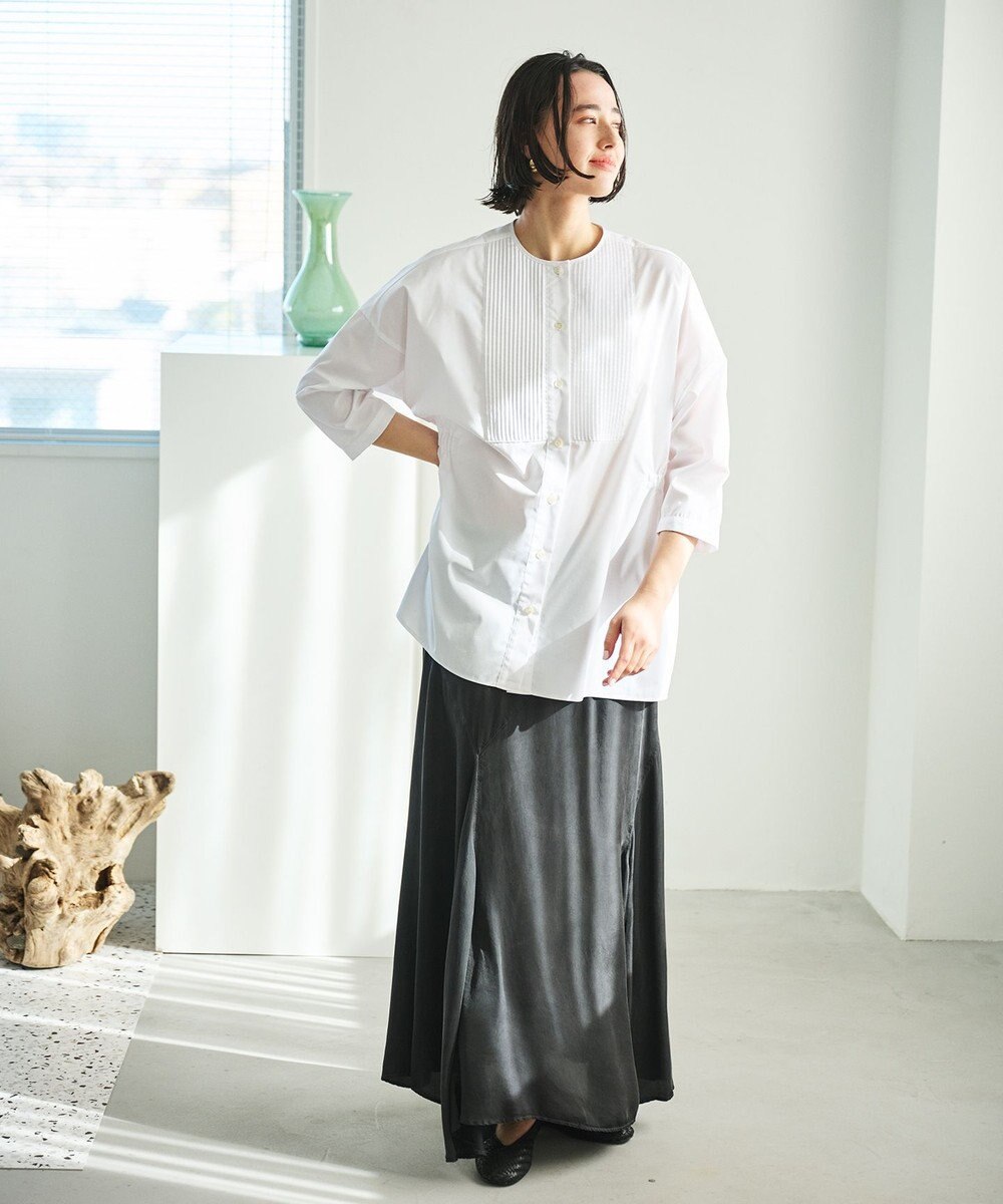 #Newans 【洗濯機可能/シワになりにくい】〈お腹・腰回りをカバー〉ピンタックデザインスクエアブラウス 