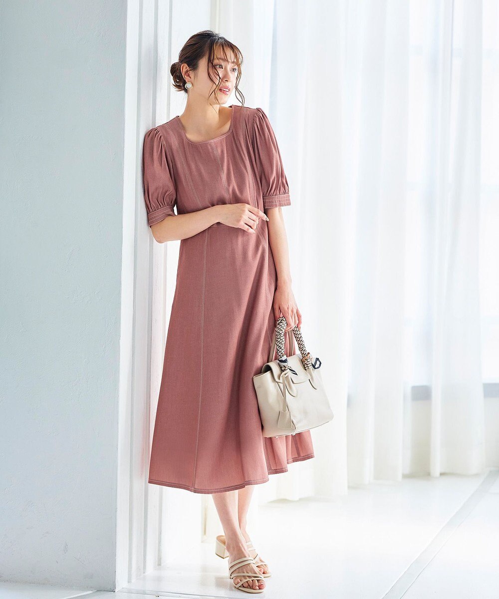 Tiaclasse 【洗える】パフスリーブ配色ステッチワンピース 