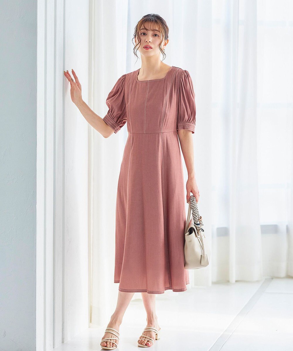 Tiaclasse 【洗える】パフスリーブ配色ステッチワンピース 