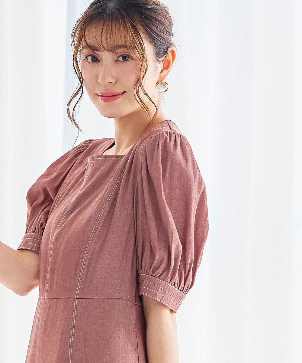 Tiaclasse 【洗える】パフスリーブ配色ステッチワンピース 