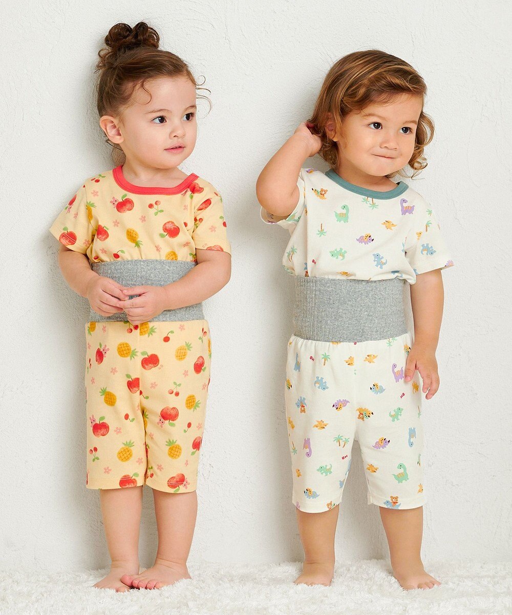 MIKI HOUSE HOT BISCUITS 【80-120cm】 恐竜柄 腹巻き付き 天竺素材 半袖パジャマ 