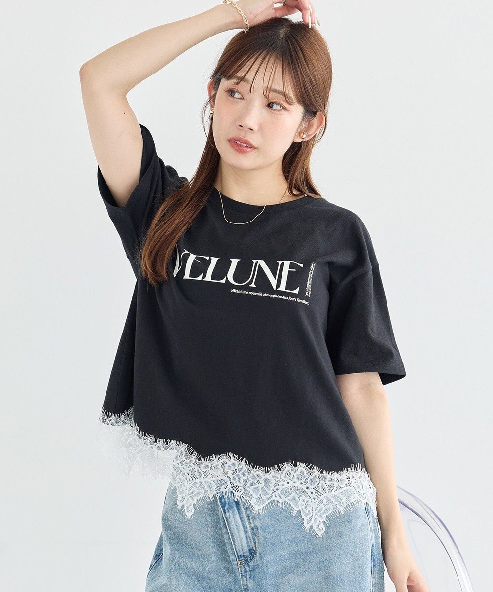 earth music&ecology 裾レースロゴプリントTシャツ 